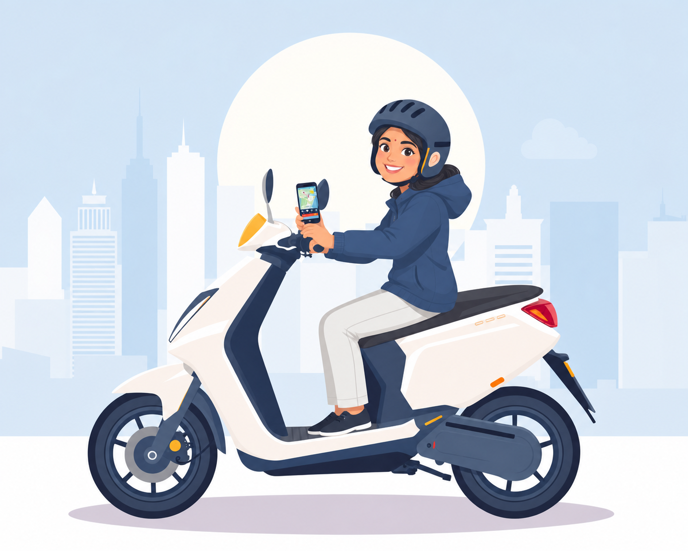 A female Aurigo rider on a scooter in the city
